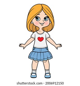 Cute cartoon girl dressed in skirt and t-shirt with bob hairstyle color variation for coloring page isolated on white background
