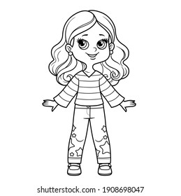 Cute cartoon girl dressed in striped pullover and pants with star applique outline for coloring on a white background