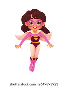 Cute cartoon girl dressed as superhero with a star themed costume, pink mask, and cape. Floating mid air with an excited expression, Kid superhero character represents empowerment, fun and imagination