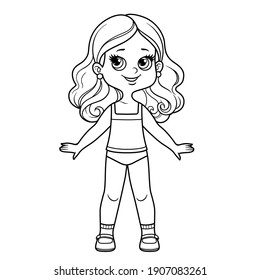 Cute cartoon girl dressed in underwear outline for coloring on a white background