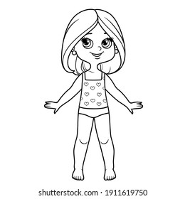 Cute cartoon girl dressed in underwear and barefoot with bob hairstyle outline for coloring on a white background