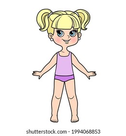 Cute cartoon girl dressed in underwear and barefoot with hairstyle two ponytails color variation for coloring on a white background