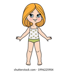 Cute cartoon girl dressed in underwear and barefoot with bob hairstyle color variation for coloring page on a white background