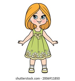 Cute cartoon girl dressed in underwear and barefoot with bob hairstyle color variation for coloring page isolated on white background