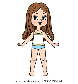 Cute cartoon girl dressed in underwear and barefoot with long straight hair color variation on a white background