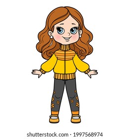 Cute cartoon girl dressed in warm pullover and pants color variation for coloring page isolated on white background