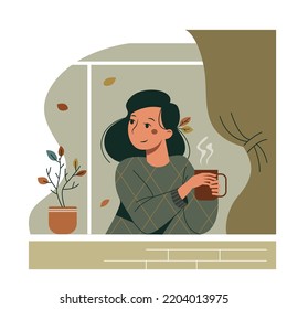 Cute cartoon girl drinks tea in a window. Vector autumn illustration.