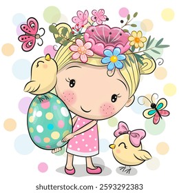Cute Cartoon Girl with egg and two chickens