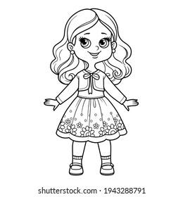 Cute cartoon girl elegant dress with ornament and bolero outline for coloring on a white background