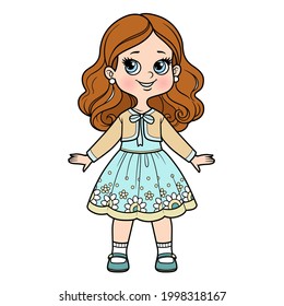 Cute cartoon girl elegant dress with ornament and bolero color variation for coloring page isolated on white background