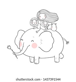Cute cartoon girl, elephant, monkey and hippo. African animals.