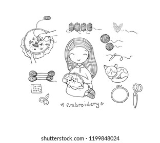 Cute cartoon girl embroiders a beautiful pattern. Sewing kit. Hand drawing isolated objects on white background. Vector illustration. 