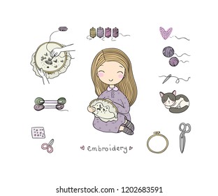Cute cartoon girl embroiders a beautiful pattern. Sewing kit. isolated objects on white background. Vector illustration. 