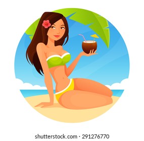 cute cartoon girl enjoying coconut drink on the beach. Beautiful young woman in bikini. Summer lifestyle illustration. Pin-up girl.