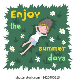 Cute cartoon girl enjoying summer days. Relax and dreaming on a green lawn.