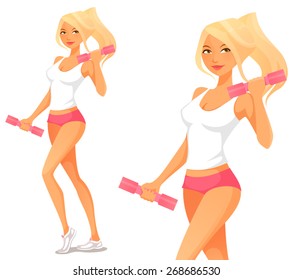 cute cartoon girl exercising with dumbbells. Beautiful blonde woman in gym wear working out. Fitness or healthy lifestyle concept. Cartoon character. Isolated on white.