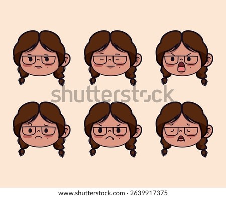 Cute cartoon girl face expressions – emotional character set
A flat vector illustration featuring various facial expressions of a cartoon girl with glasses and braided hair. Includes moods like happy,