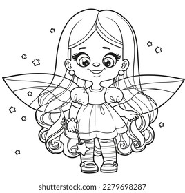 Cute cartoon girl fairy with magic wand outlined for coloring page on white background