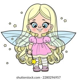 Cute cartoon girl fairy with magic wand color variation for coloring page on white background