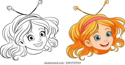 Cute cartoon girl with a fancy head accessory smiling