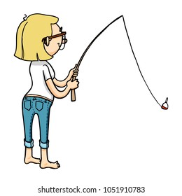 Cute cartoon girl fishing with rod. Vector isolated hand drawn character.