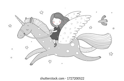 Cute cartoon girl flies on a pegasus. Princess and unicorn