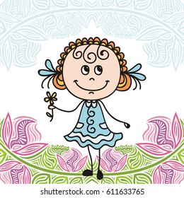 Cute cartoon girl and floral background. Vector illustration.