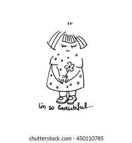 Cute cartoon girl with flower and text. I am so beautiful