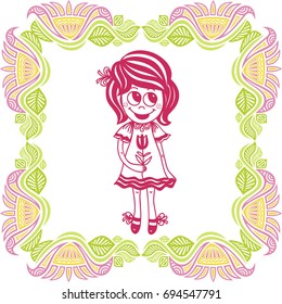 Cute cartoon girl with flower. Vector illustration.