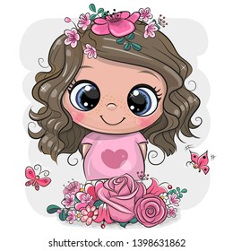 Cute Cartoon Girl with flowers on a white background