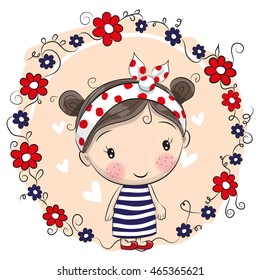 Cute Cartoon Girl and flowers on a pink background