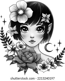 
Muchacha de dibujos animados con flores. Ilustración vectorial en estilo de tatuaje retro