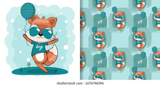 cute cartoon girl fox with balloons illustration for kids