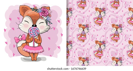 cute cartoon girl fox with sweet candy and flowers illustration for kids