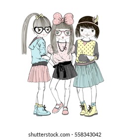 cute cartoon girl friends , kid illustration