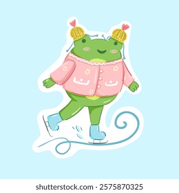 Cute cartoon girl frog is skating. Kids sticker, poster. Hand drawn doodle character. Vector illustration on an isolated blue background.