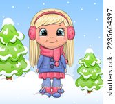 A cute cartoon girl in fur headphones, a scarf and a coat stands in a fir forest. Winter vector illustration with blue background and snow.