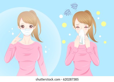 cute cartoon girl get hay fever and feel uncomfortable