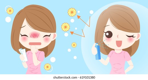 cute cartoon girl gets hay fever and feels uncomfortable