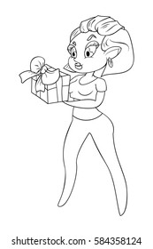 Cute cartoon girl with gift box.Coloring page vector