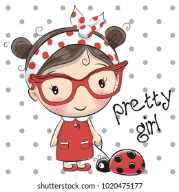 Cute Cartoon Girl with glasses on a pink background