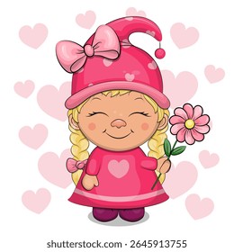 Cute Cartoon Girl Gnome with pink flower and dress. Vector Illustration with dwarf girl on white background with pink hearts.