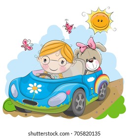 Cute Cartoon Girl goes on a car
