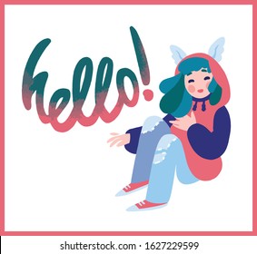 Cute cartoon girl with green hair dressed in oversized hoody, ripped jeans and red sneakers. Illustration with "Hello" lettering.