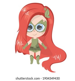 Cute Cartoon Girl In Green Superhero Costume With Red Hair. Superhero Girl Or Supergirl. Beautiful Smiling Red-haired Child In Bodysuit And Mask With Superpowers. Poison Ivy With Red Hair