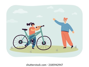 Cute cartoon girl greeting friend with bicycle. Children meeting outside and spending time together flat vector illustration. Friendship, outdoor activity concept for banner or landing web page