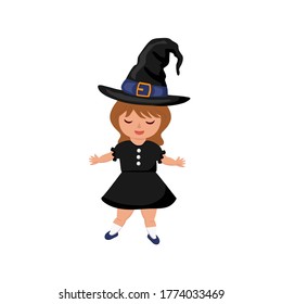 Cute cartoon girl in a Halloween costume isolated on a white background. Vector illustration for holiday design. Funny baby girl with a wizard hat on her head. Character of the October party.