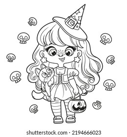 Cute Cartoon Girl In A Halloween Witch Costume With Pumpkin For Sweets  And Cat Outlined For Coloring Page On White Background