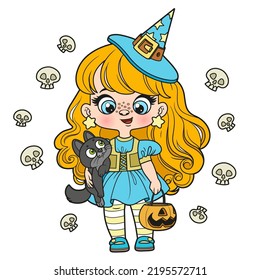 Cute cartoon girl in a Halloween witch costume with pumpkin for sweets  and cat color variation for coloring page on white background