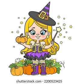 Cute cartoon girl in a Halloween witch costume with pumpkins and magic wand color variation for coloring page on white background